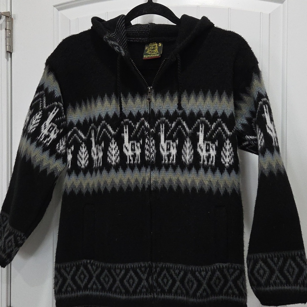 Tejidos Ruminahui Alpaca Wool Hooded Zip Up Sweater, Small
